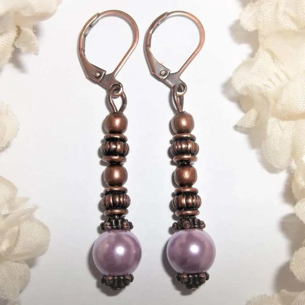 Copper and Purple Beaded Pearl Earrings Set Dangle and Drop Boho Style Pair 6930